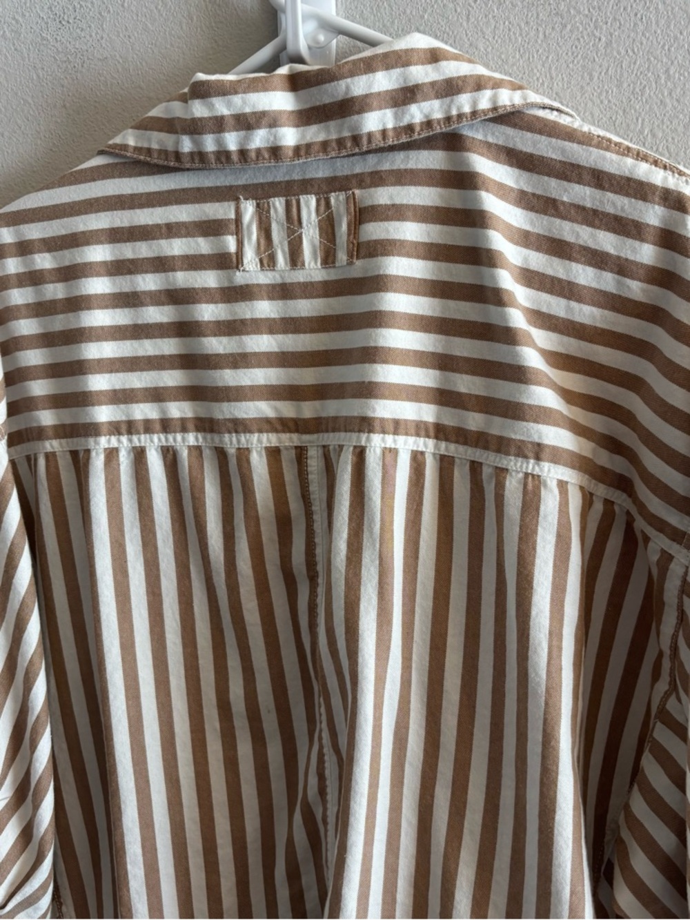 We The Free Beige and White Striped Ruffle Hem Button Down Shirt - Picture 2 of 12